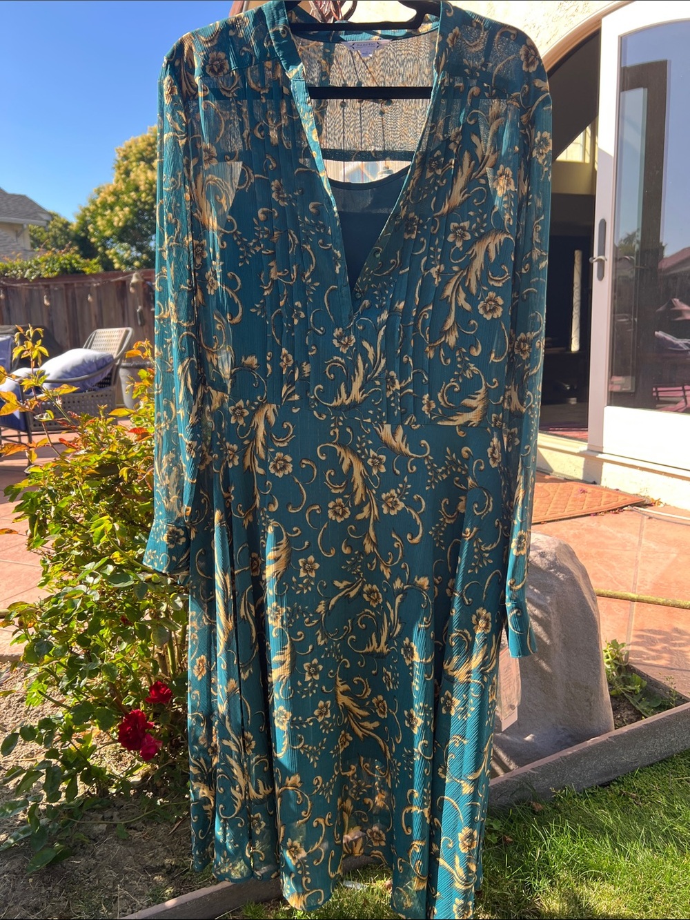 Nanette Lepore Teal and Gold Floral V-neck Dress